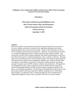 Challenges to the Commercial Viability of Point-Of-Use (POU) Water Treatment Systems in Low-Income Settings John Harris Disserta