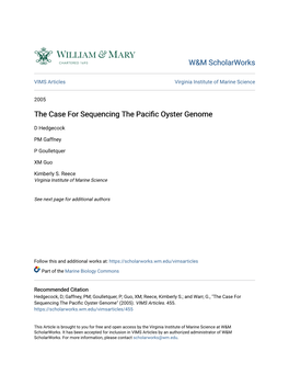 The Case for Sequencing the Pacific Oyster Genome