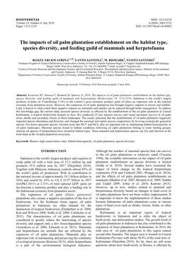 The Impacts of Oil Palm Plantation Establishment on the Habitat Type, Species Diversity, and Feeding Guild of Mammals and Herpetofauna