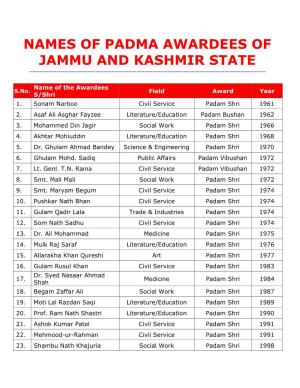Names of Padma Awardees of Jammu and Kashmir State