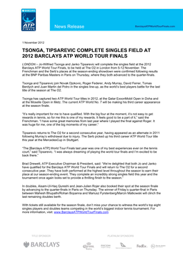 Tsonga, Tipsarevic Complete Singles Field at 2012 Barclays Atp World Tour Finals