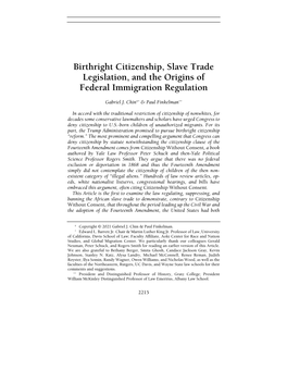 Birthright Citizenship, Slave Trade Legislation, and the Origins of Federal Immigration Regulation