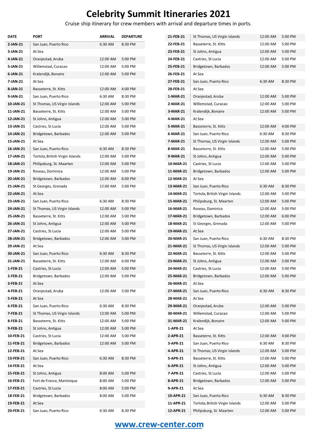 Celebrity Summit Itineraries 2021 Cruise Ship Itinerary for Crew Members with Arrival and Departure Times in Ports