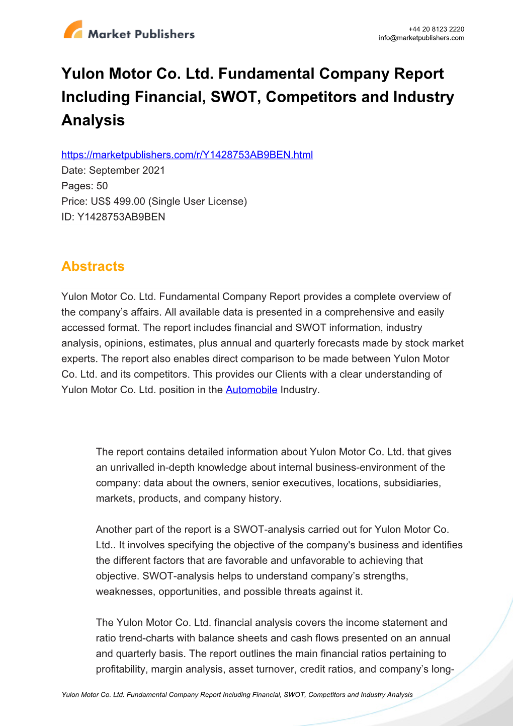 Yulon Motor Co. Ltd. Fundamental Company Report Including