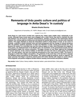 Remnants of Urdu Poetic Culture and Politics of Language in Anita Desai's
