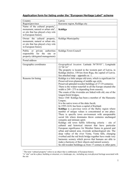 Application Form for Listing Under the “European Heritage Label” Scheme
