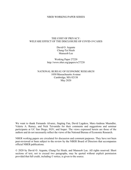 Nber Working Paper Series the Cost of Privacy