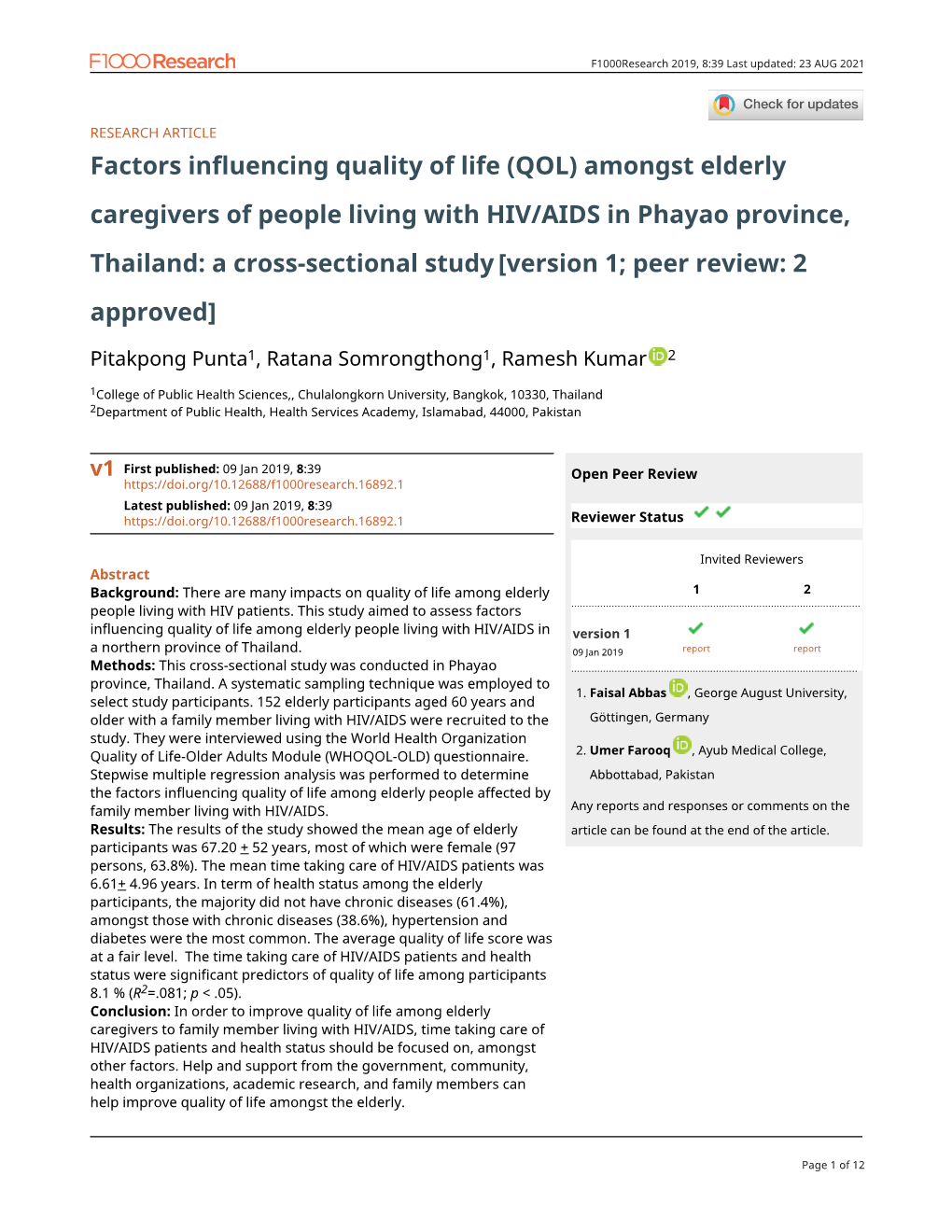 Factors Influencing Quality of Life (QOL) Amongst Elderly Caregivers of People Living with HIV/AIDS in Phayao Province