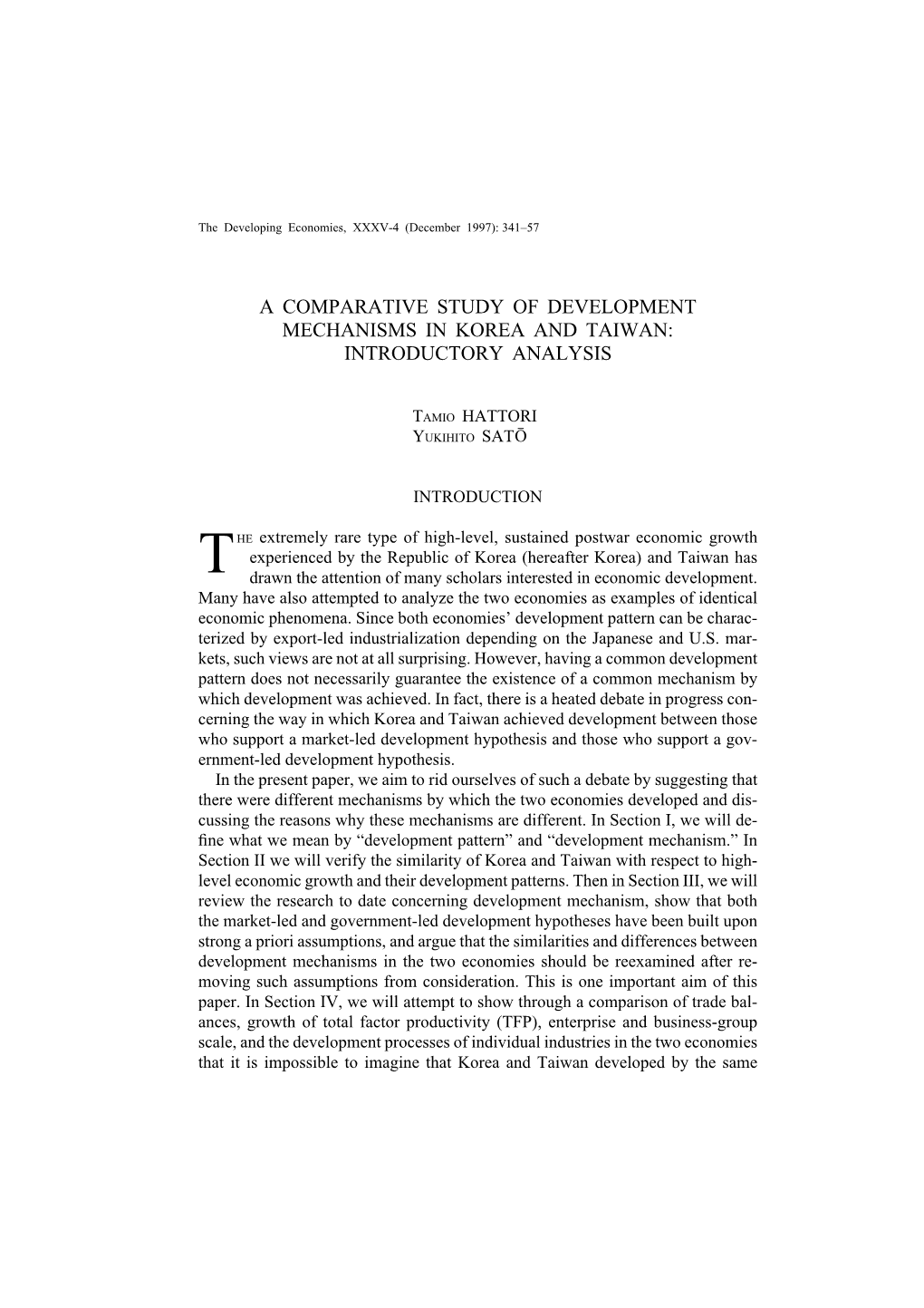 A Comparative Study of Development Mechanisms in Korea and Taiwan: Introductory Analysis