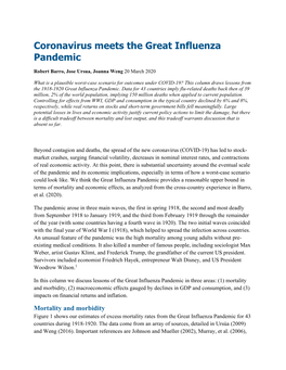 Coronavirus Meets the Great Influenza Pandemic Robert Barro, Jose Ursua, Joanna Weng 20 March 2020