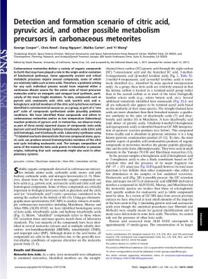 Detection and Formation Scenario of Citric Acid, Pyruvic Acid, and Other Possible Metabolism Precursors in Carbonaceous Meteorites