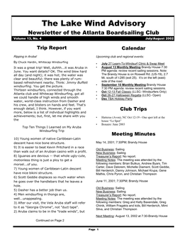 The Lake Wind Advisory Newsletter of the Atlanta Boardsailing Club Volume 13, No