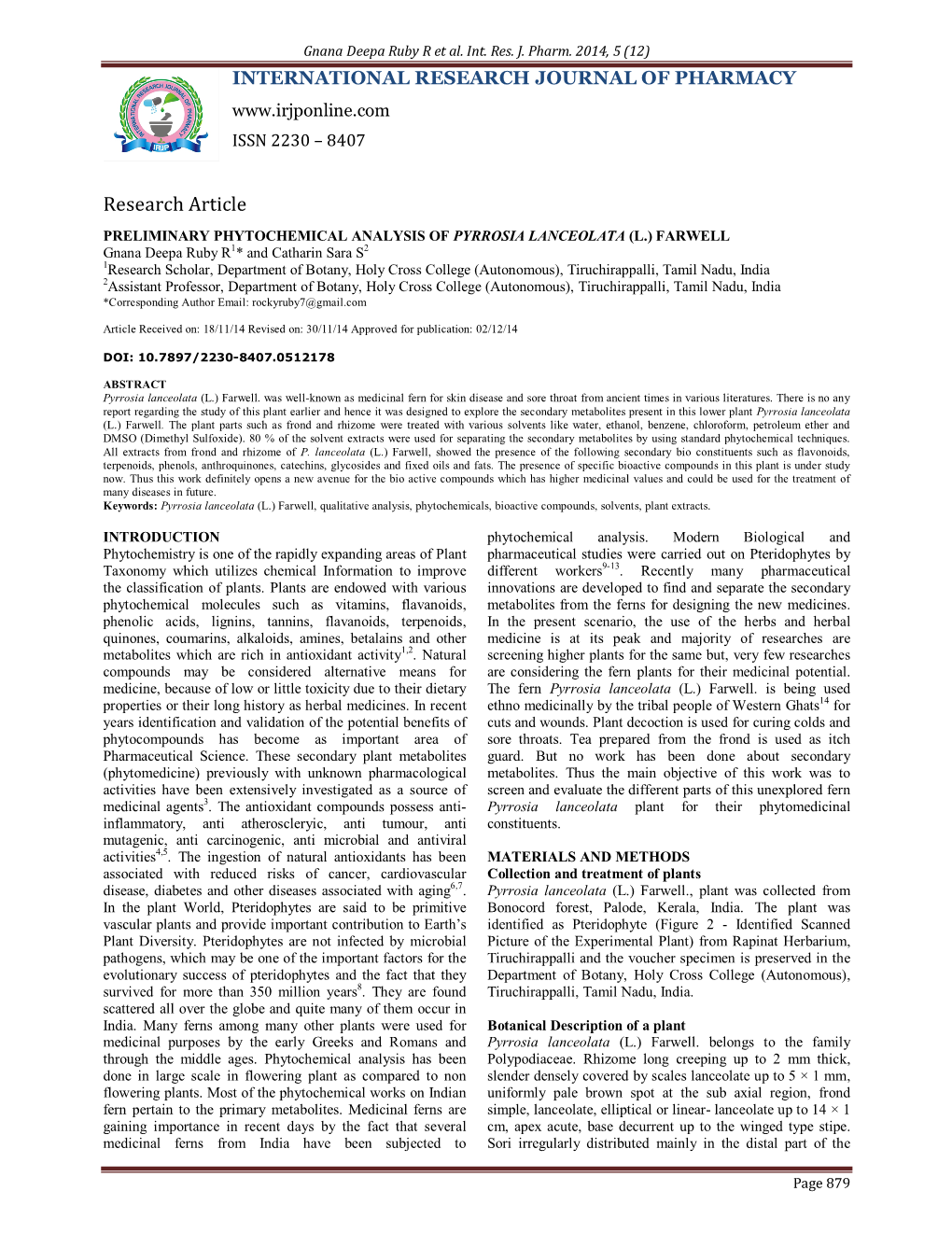 Preliminary Phytochemical Analysis of Pyrrosia