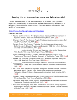 Reading List on Japanese Internment and Relocation: Adult