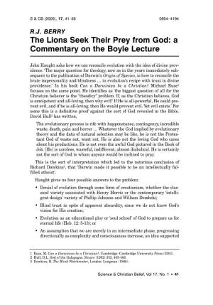 The Lions Seek Their Prey from God: a Commentary on the Boyle Lecture