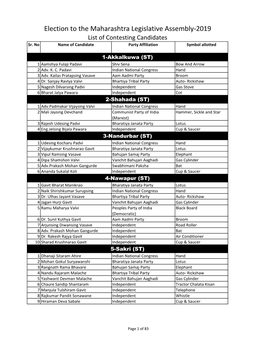 Election to the Maharashtra Legislative Assembly-2019 List of Contesting Candidates Sr