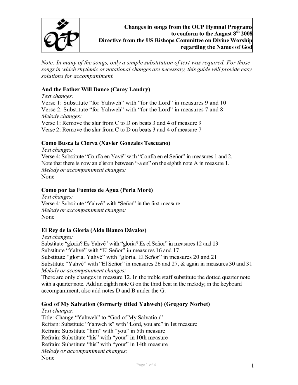 Changes in Songs from the OCP Hymnal Programs to Conform to the August 8Th 2008 Directive from the US Bishops Committee on Divine Worship Regarding the Names of God