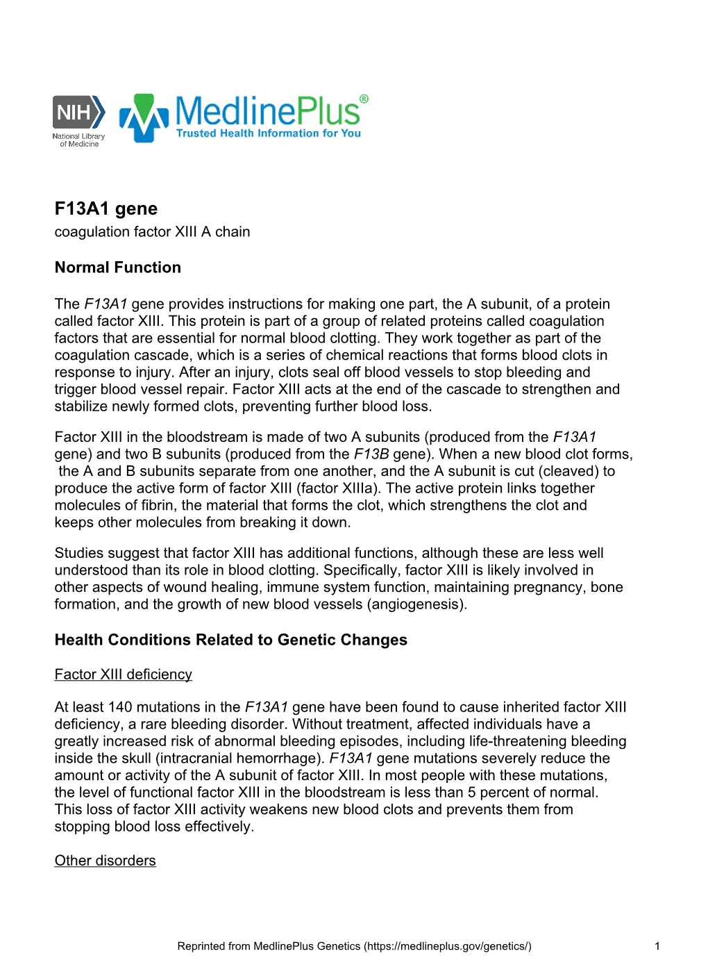 F13A1 Gene Coagulation Factor XIII a Chain