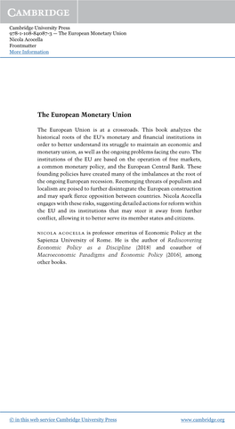 The European Monetary Union Nicola Acocella Frontmatter More Information