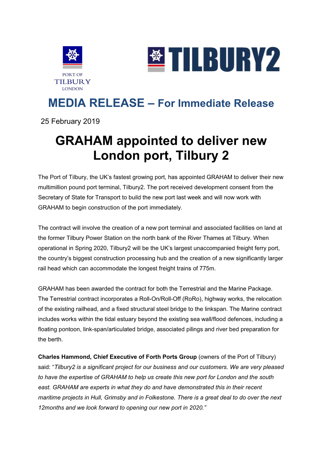 GRAHAM Appointed to Deliver New London Port, Tilbury 2