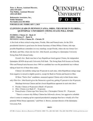 Clinton Leads in Pennsylvania, Ohio; Ties Bush in Florida, Quinnipiac University Swing State Poll Finds