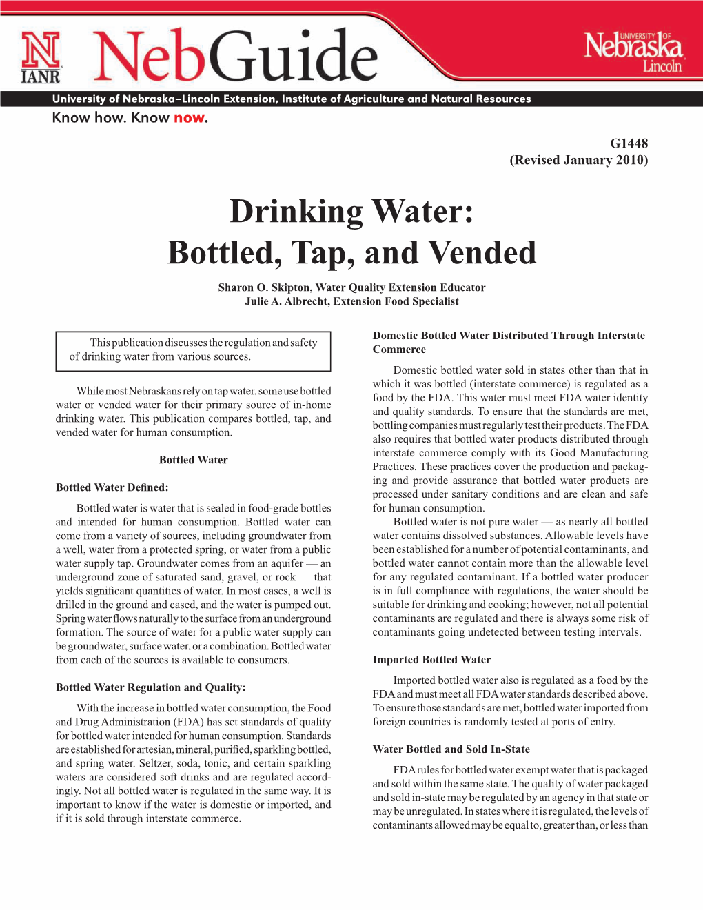Drinking Water: Bottled, Tap, and Vended Sharon O