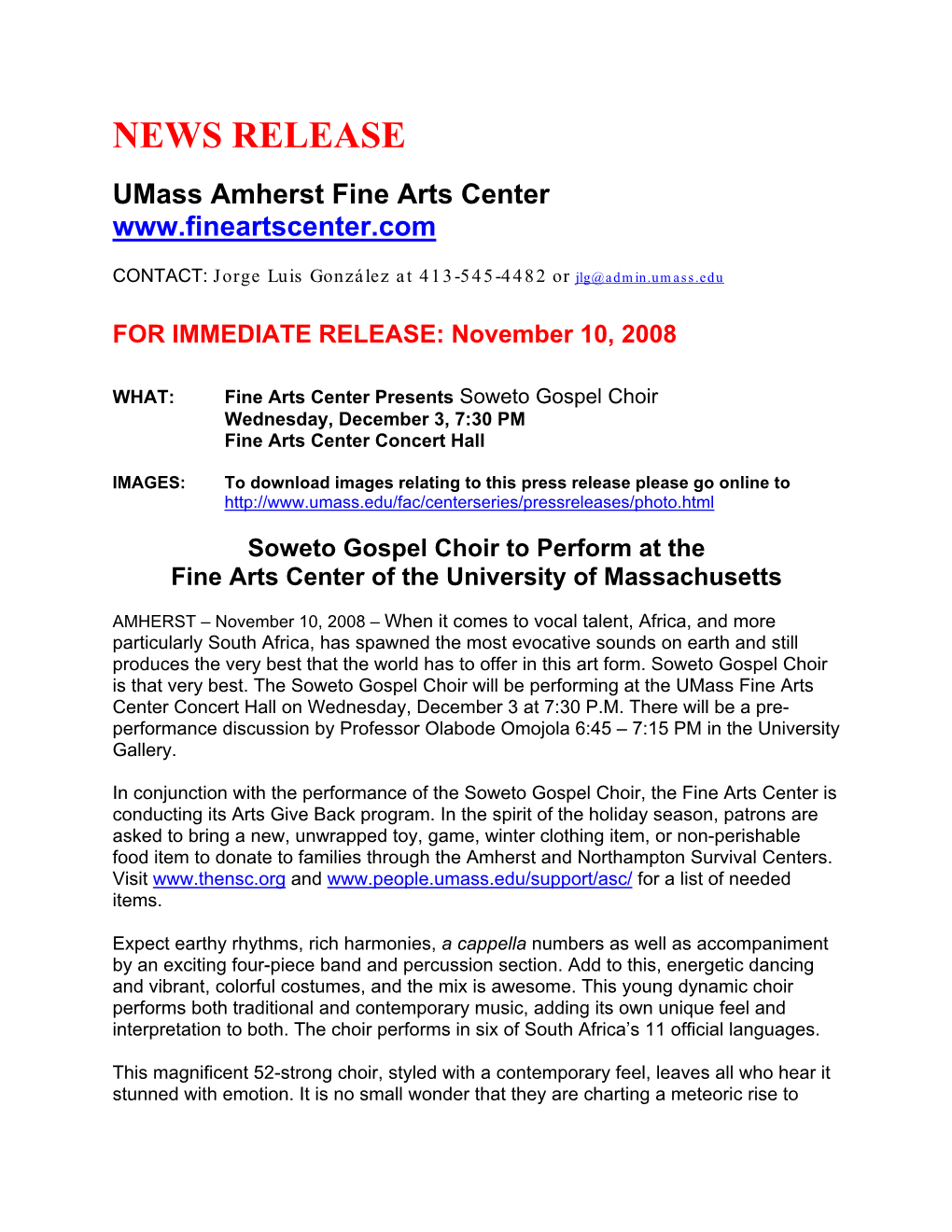 NEWS RELEASE Umass Amherst Fine Arts Center