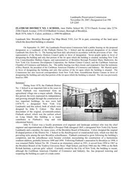 FLATBUSH DISTRICT NO. 1 SCHOOL, Later Public School 90, 2274 Church Avenue (Aka 2274- 2286 Church Avenue; 2192-2210 Bedford Avenue), Borough of Brooklyn