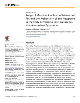 Range of Movement in Ray I of Manus and Pes and the Prehensility of the Autopodia in the Early Permian to Late Cretaceous Non-Anomodont Synapsida