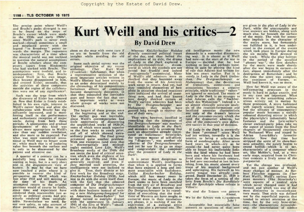 Kurt Weill and His Critics