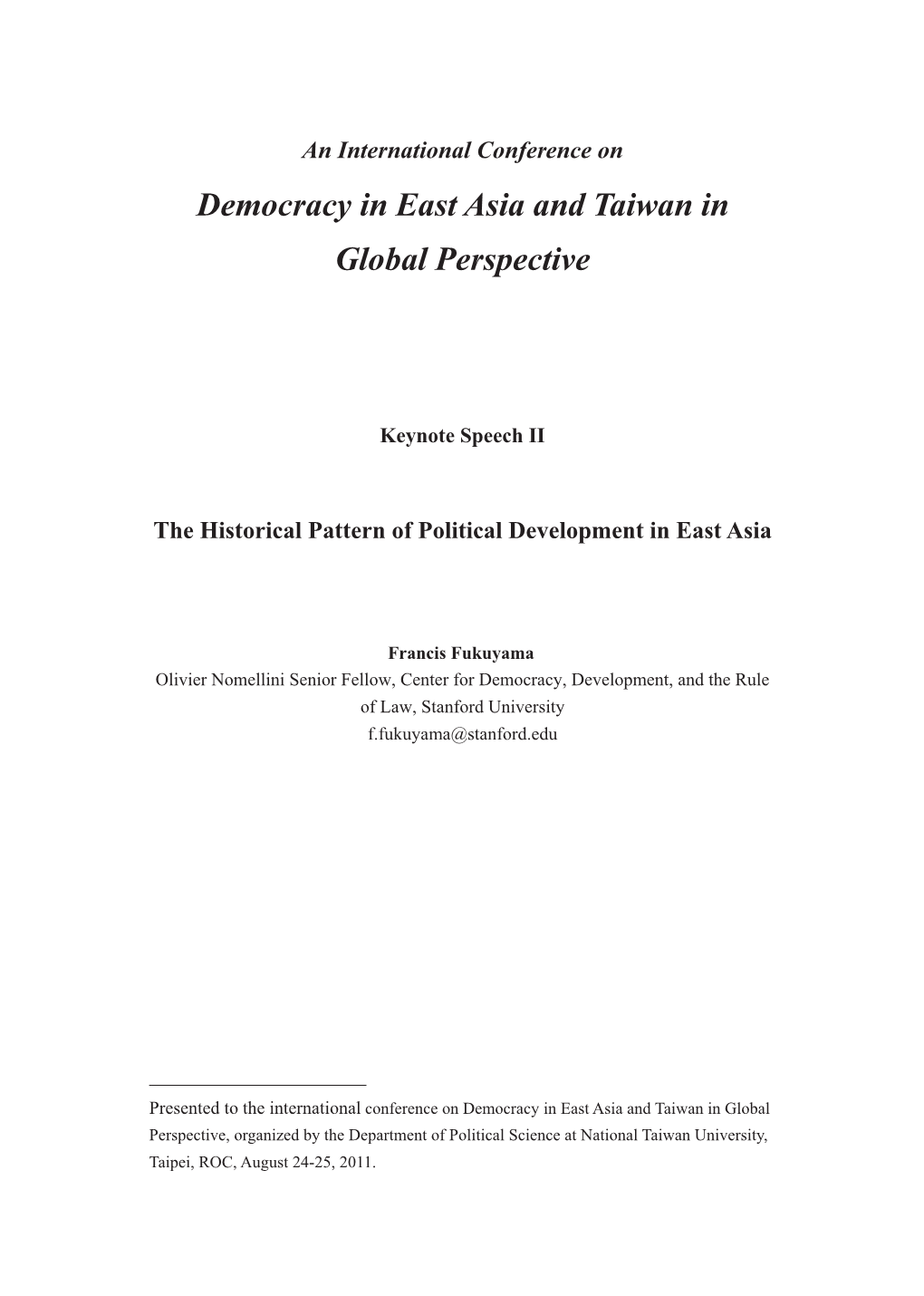 Democracy in East Asia and Taiwan in Global Perspective