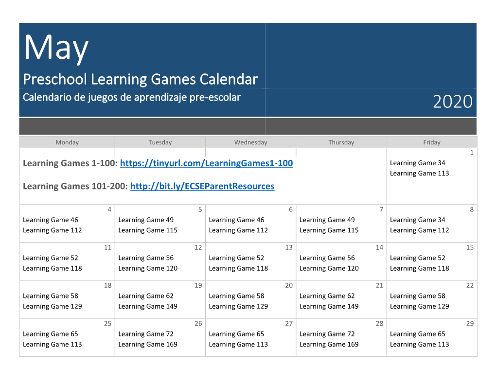 Preschool Learning Games Calendar Calendario De Juegos De Aprendizaje Pre-Escolar 2020