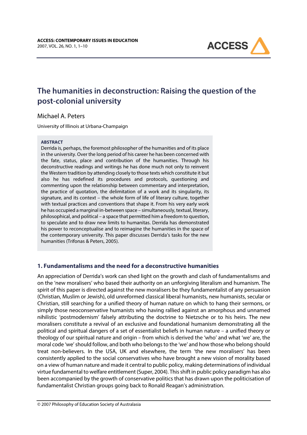 The Humanities in Deconstruction: Raising the Question of the Post-Colonial University