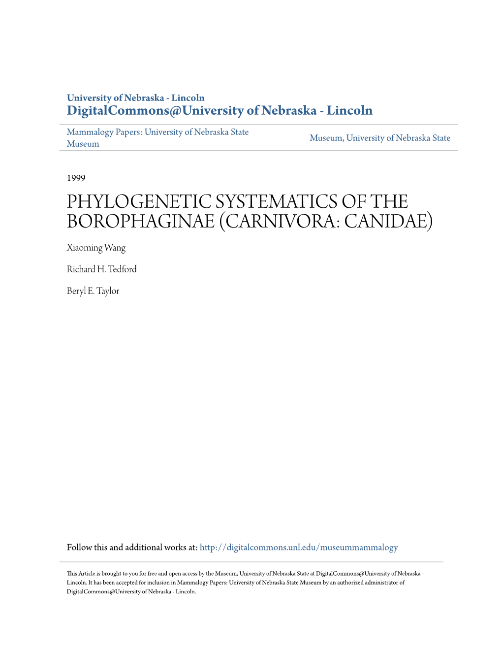 PHYLOGENETIC SYSTEMATICS of the BOROPHAGINAE (CARNIVORA: CANIDAE) Xiaoming Wang