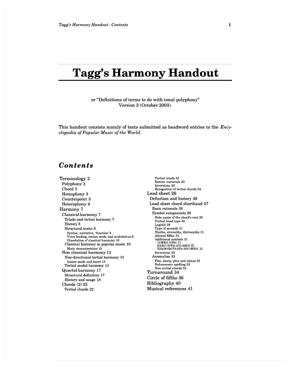 Tagg's Harmony Handout