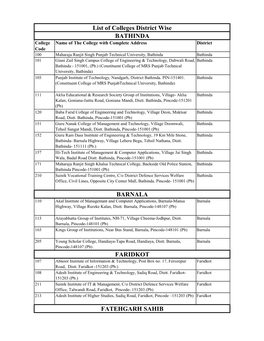 List of Colleges District Wise BATHINDA BARNALA FARIDKOT