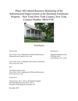 Phase 1B Cultural Resource Monitoring of the Infrastructural Improvements at the Dyckman Farmhouse Property