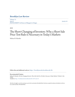 Why a Short Sale Price Test Rule Is Necessary in Today's Markets Melissa W