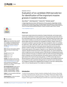 Evaluation of Six Candidate DNA Barcode Loci for Identification of Five Important Invasive Grasses in Eastern Australia