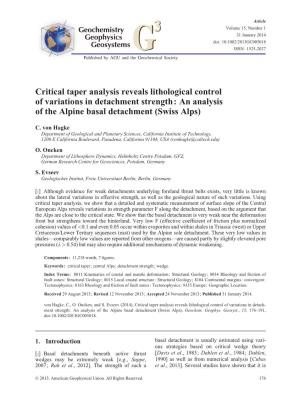 Critical Taper Analysis Reveals Lithological Control of Variations in Detachment Strength: an Analysis of the Alpine Basal Detachment (Swiss Alps)
