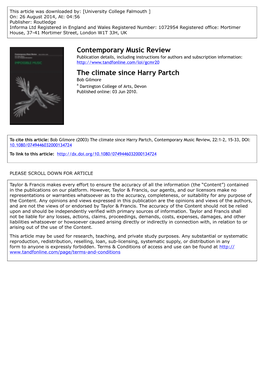 Contemporary Music Review the Climate Since Harry Partch