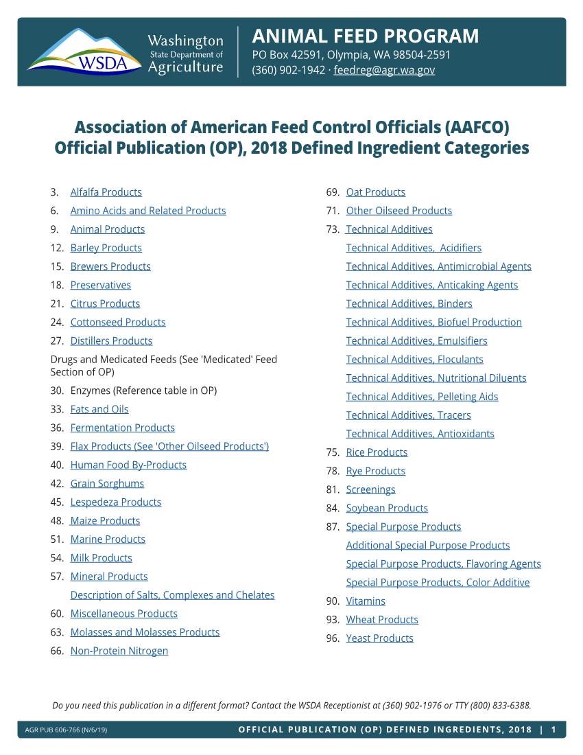 AAFCO) Official Publication (OP), 2018 Defined Ingredient Categories