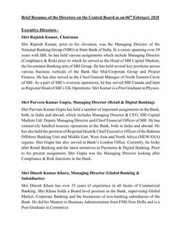 Brief Resumes of the Directors on the Central Board As on 06Th February 2020