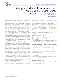 Liturgical Index of Commonly Used Praise Songs, 2008–2009 Introduction to the Online Resource Kati Salmons