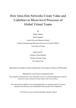 How Intra-Firm Networks Create Value and Liabilities in Micro-Level Processes of Global Virtual Teams