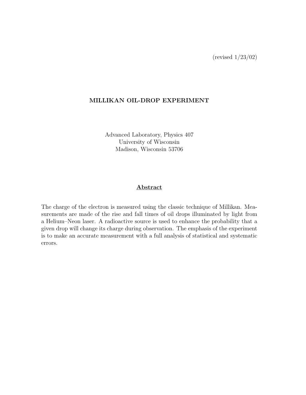 Millikan Oil Drop Experiment