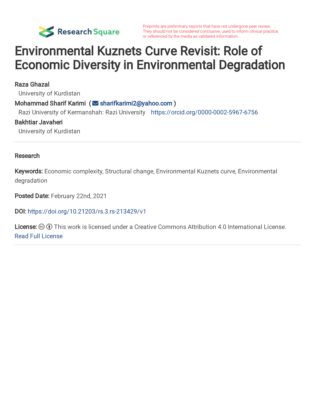 Environmental Kuznets Curve Revisit: Role of Economic Diversity in Environmental Degradation