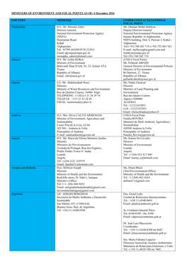 MINISTERS of ENVIRONMENT and FOCAL POINTS AS OF: 6 December 2016