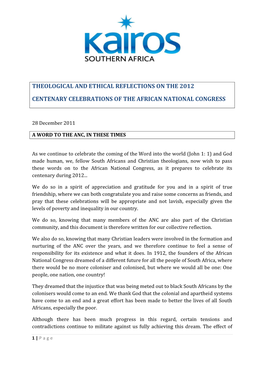 Theological and Ethical Reflections on the 2012 Centenary Celebrations of the African National Congress