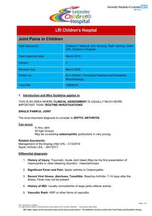 Joint Pains UHL Childrens Hospital Guideline